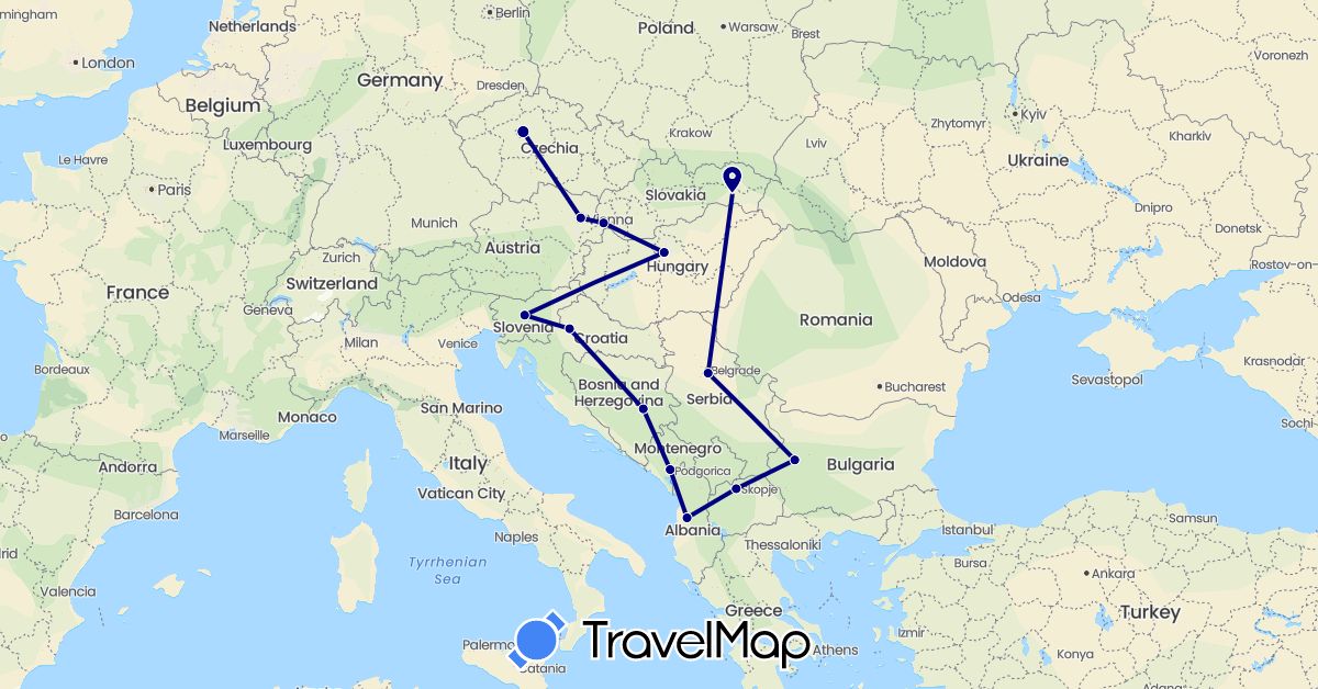 TravelMap itinerary: driving in Albania, Austria, Bosnia and Herzegovina, Bulgaria, Czech Republic, Croatia, Hungary, Montenegro, Macedonia, Serbia, Slovenia, Slovakia (Europe)